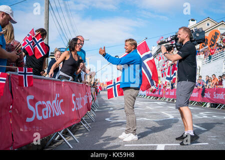 Bergen, Norwegen - 24 September 2017. Der pensionierte Norwegischer Radprofi Dag Otto Lauritzen bei der Arbeit als Radfahren Kommentator während der Uci Road World Championships 2017 in Bergen gesehen. Stockfoto