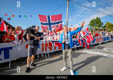 Bergen, Norwegen - 24 September 2017. Der pensionierte Norwegischer Radprofi Dag Otto Lauritzen bei der Arbeit als Radfahren Kommentator während der Uci Road World Championships 2017 in Bergen gesehen. Stockfoto