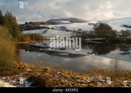 Schneefall in der walisischen Berge um Dol-y-mynach Behälter Rhayader Powys UK Stockfoto