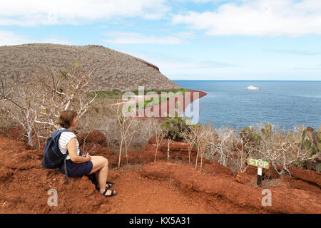 Galapagos Insel Landschaft - ein Tourist genießt die Aussicht, Rabida Island, Galapagos Inseln Ecuador Südamerika Stockfoto
