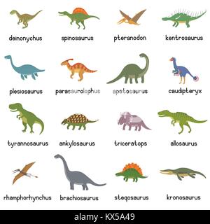 Vektor Sammlung von niedlichen flach Dinosaurier, wie T-Rex, Stegosaurus, Triceratops, Pterodactylus, Brachiosaurus und Triceratop Stock Vektor