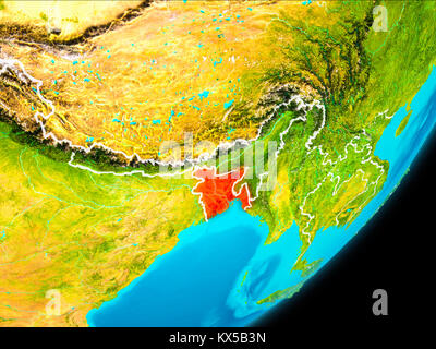 Karte von Bangladesch in Rot vom Platz auf dem Planeten Erde mit weißen Grenzen gesehen. 3D-Darstellung. Elemente dieses Bild von der NASA eingerichtet. Stockfoto