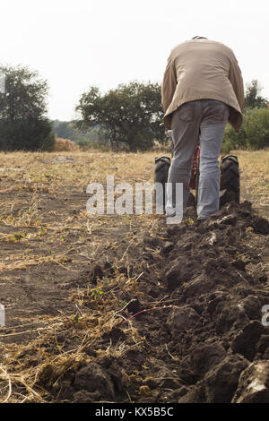 DIKANKA, UKRAINE - 30. SEPTEMBER 2015: Land Landwirt pflügt seinen Garten mit Garten hinter dem Traktor. Stockfoto