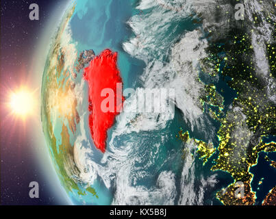 Grönland als aus dem Weltraum auf dem Planeten Erde bei Sonnenuntergang gesehen. 3D-Darstellung. Elemente dieses Bild von der NASA eingerichtet. Stockfoto