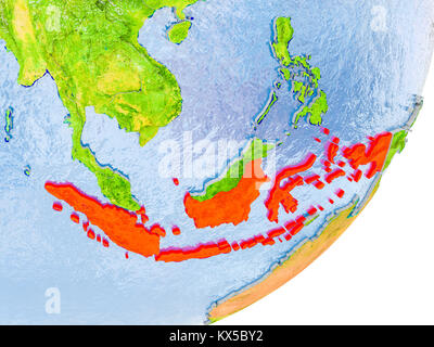 3D-Render von Indonesien auf die politische Welt mit geprägten Ländern mit echten Land und Wasser an Stelle des Ozeans. 3D-Darstellung. Elemente der Thi Stockfoto
