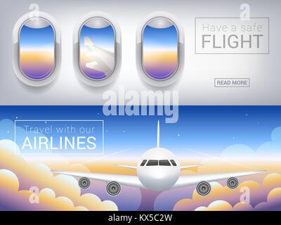 Flugzeugfenster, das Tourist-Banner. Passagierflugzeug in den Himmel Wolken, sicheren Flug über den Himmel Stock Vektor