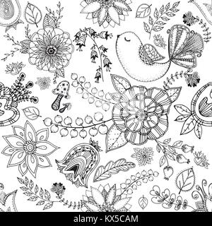 Nahtlose Muster von Hand gezeichnete Skizze Stil abstrakte Blumen und Vögel. Vector Illustration. Stock Vektor
