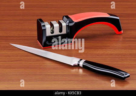 Messer mit messerschärfer auf dem Holztisch. 3D-Rendering Stockfoto