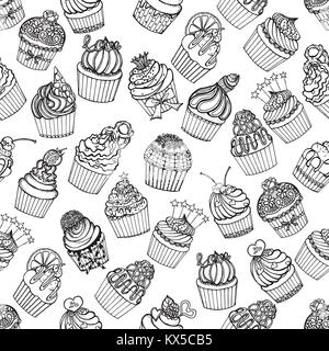 Nahtlose Muster von Hand gezeichnete Skizze stil Cupcakes. Vector Illustration auf weißem Hintergrund. Stock Vektor
