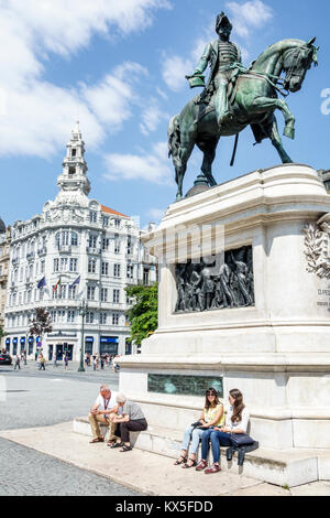 Porto Portugal, Baixa, historisches Zentrum, Praca da Liberdade, Platz der Freiheit, Reiterstatue, Dom Pedro IV, Denkmal, Celestin Anatole Calmels, Sockel, Hispa Stockfoto