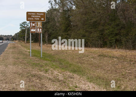 Paynes Prairie Schild auf SR 441 Florida Stockfoto