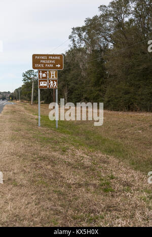 Paynes Prairie Schild auf SR 441 Florida Stockfoto