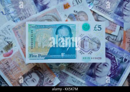 Die neue 2016 Polymer 5 Pound Bank Note von der Bank von England Stockfoto