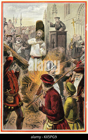 Rasterbilder von Bischof Hooper auf dem Scheiterhaufen für Ketzerei auf Anordnung von Maria, Königin von England verbrannt wird. Von einem Ursprünglichen in der foxe Buch der Märtyrer von Berry ca. 1912 Stockfoto