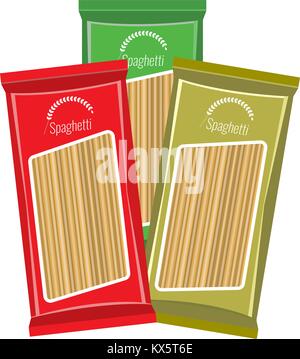 Spaghetti oder Nudeln Paket Mockup, auf weißem Hintergrund. Flach und farbe Stil illustriert Vektor. Stock Vektor