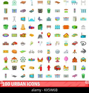 100 städtische Icons Set, Cartoon-Stil Stock Vektor