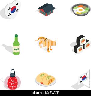 Südkorea Sehenswürdigkeiten Symbole, isometrische 3D-Stil Stock Vektor