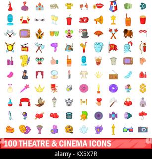 100 Theater und Kino Symbole, Cartoon Stil Stock Vektor