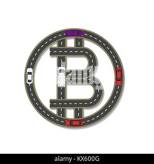 Logo Design bitcoin. stilisierte Straße, Autobahn mit Kennzeichnung. Bewegung des Autos und Minivans. Abbildung Stock Vektor