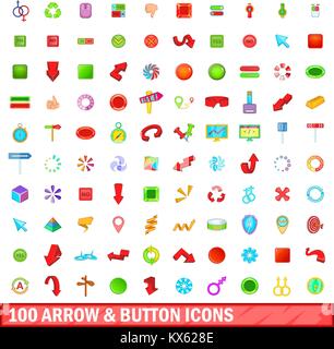 100 Pfeil und Schaltflächensymbole, Cartoon Stil Stock Vektor