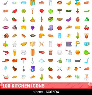 100 Küche Symbole, Cartoon Stil Stock Vektor