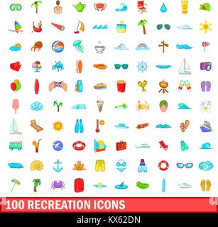 100 Erholung Icons set, cartoon-Stil Stock Vektor