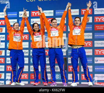 Femke Heemskerk, Ranomi Kromowidjojo, Kyle STOLK, Nyls KORSTANJE NED Goldmedaille 4 x 100 Freistil Mixed Staffel Kopenhagen 16-12-2017 Royal Arena LE Stockfoto