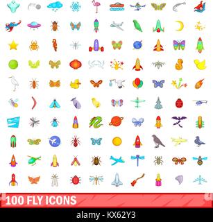 100 fliegen Icons Set, Cartoon-Stil Stock Vektor