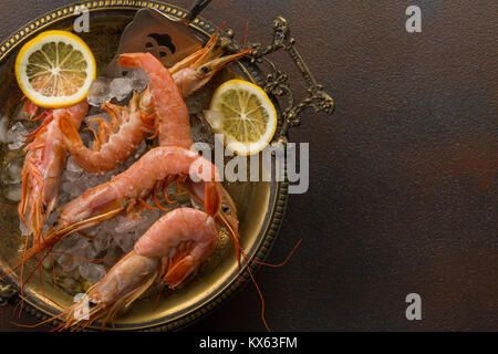 Große Tiger Garnelen und Scheibe der Zitrone frisch in der alten Platte voller Eis auf dunklem Hintergrund. Platz für Text Stockfoto