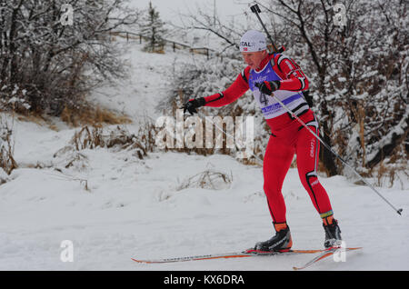 Shawn Blanke, nationalen Scots Guards von Utah, konkurriert in Soldier Hollow am 31.01.21, 2012 in der Biathlon Weltmeisterschaft teilnehmen. Die sportveranstaltung erforderlich Jedes Mitglied Ski- und Luftgewehrschießen zu kombinieren, und jeder Teilnehmer erhält für die beste Zeit in der 2-Tage lange Konkurrenz konkurrieren.{USA Air Force Foto von Airman 1st Class Kyle Russell/Unreleased} Stockfoto