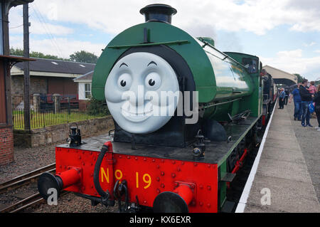 Grüne Dampflok als Teil eines Thomas und Freunde zeigen in Bo'ness, Schottland Stockfoto