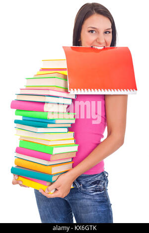 Schüler Mädchen, dass viele Bücher in die Hände und eine in der Zähne Stockfoto