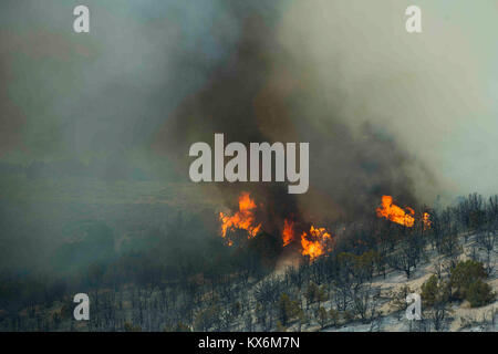 Utah National Guard Loslösung 2, Unternehmen C, 1. Allgemeine Unterstützung Aviation Battalion, 171St Aviation Regiment von West Jordan, Utah, führt die Wassertropfen mit einem "Bambi Bucket' auf ein wildfire auf Utah Training Center Camp Williams, Tennessee, 6. Aug 2012. Bambi Schaufeln sind ein Handel gekennzeichneten Namen für faltbarer Eimer Wasser durch SEI Industries, einem kanadischen Unternehmen gemacht. Sie können dump 660 Gallonen Wasser in ein Feuer in einer Zeit. (U.S. Air Force Foto von Tech. Sgt. Dennis Henry jr./Freigegeben) Stockfoto