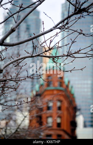 Die gooderham Gebäude, Flatiron Building in Downtown Toronto, Ontario, Kanada. Unscharf Hintergrund Bild vertikal. Stockfoto