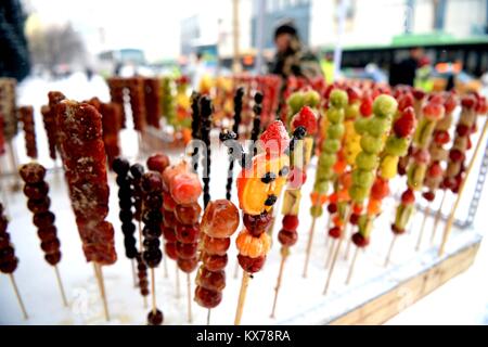 (180108) - HARBIN, Januar 8, 2018 (Xinhua) - Streicher von kandierten Haws in Harbin, der Hauptstadt der Provinz Heilongjiang im Nordosten Chinas, Jan. 8, 2018 gesehen werden. Die Stadt der erste Schnee in diesem Winter am Montag begrüßt. (Xinhua / Wang Kai) (zkr) Stockfoto