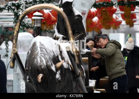 (180108) - HARBIN, Januar 8, 2018 (Xinhua) - Touristen nehmen Fotos auf der zentralen Straße von Harbin, der Hauptstadt der Provinz Heilongjiang im Nordosten Chinas, Jan. 8, 2018. Die Stadt der erste Schnee in diesem Winter am Montag begrüßt. (Xinhua / Wang Kai) (zkr) Stockfoto