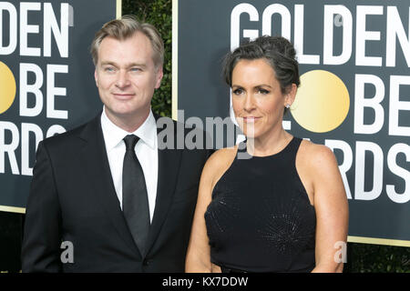 Los Angeles, USA. 08 Jan, 2018. Regisseur Christopher Nolan und Produzentin Emma Thomas nehmen an der 75. jährlichen Golden Globe Awards, Golden Globes, im Beverly Hilton Hotel in Beverly Hills, Los Angeles, USA, am 07. Januar 2018. · Keine LEITUNG SERVICE · Credit: Hubert Boesl/dpa/Alamy leben Nachrichten Stockfoto