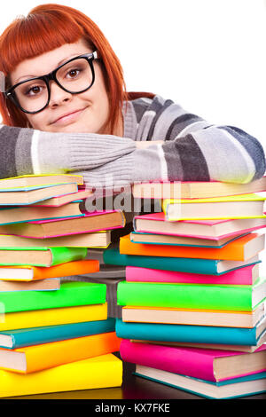 Mädchen mit Haufen Farbe Buch, isoliert Stockfoto