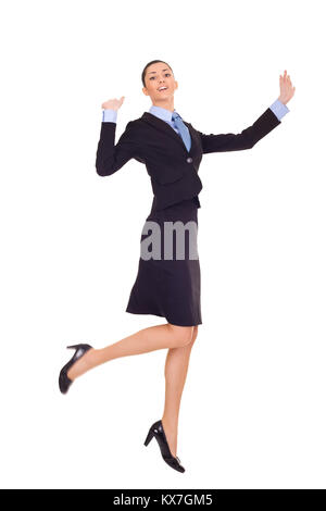 Geschäftsfrau Erfolg feiern mit Springen und Tanzen, isoliert auf weißem Stockfoto