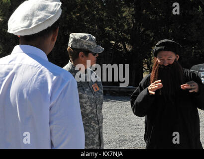 Brigadegeneral Sylvia Crockett, der Direktor für die Strategische Kommunikation für die Kalifornien Nationalgarde, Gespräche mit Sgt. 1. Klasse Paul Hernandez mit der 260Th Military Intelligence Battalion aus Miami, Fla., Teilnahme als Spieler während Panther Streik 2014 im Camp Williams, Utah, Juni 19. Panther Streik ist eine jährliche Veranstaltung, die den militärischen Geheimdienst Soldaten aus den USA und Partner Nationen für eine große, dynamische, Full-spectrum intelligence Übung. (U.S. Army National Guard Foto Foto/SPC. Brianne M. Roudebush/Freigegeben) Stockfoto