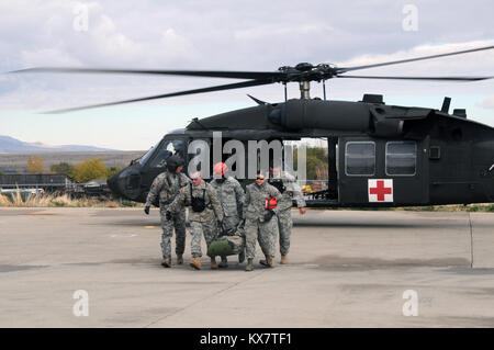 Mitglieder der Pennsylvania National Guard Heimat Response Force und der Colorado National Guard Chemische, biologische, radiologische, nukleare Enhanced Response Force Paket ist eine Evakuierung von Blackhawk Helikopter von vier Verletzte Personen aus einem simulierten rubble Pile in Magna, Utah am 3. November 2014 Während wachsam zu schützen. Diese Übung ist ein Erdbeben Katastrophe Szenario zu Test- und militärischen Fähigkeiten zusammen zu arbeiten. (Air National Guard Foto: Staff Sgt. Annie Edwards/freigegeben) Stockfoto