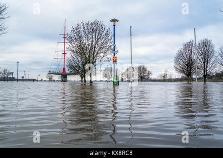 DUISBURG/Deutschland - 08. JANUAR 2017: Der Rhein Hochwasser ist die Muehlenweide in Ruhrort Stockfoto