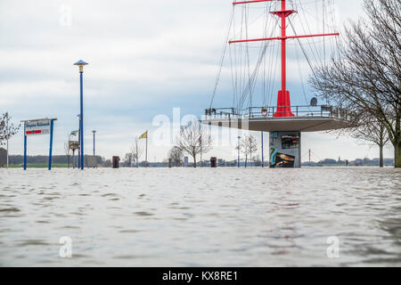 DUISBURG/Deutschland - 08. JANUAR 2017: Der Rhein Hochwasser ist die Muehlenweide in Ruhrort Stockfoto