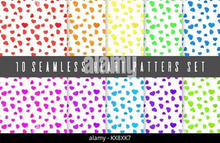 Satz von nahtlosen zerstreuten Herzen Muster. Valentines Tag lebendige Liebe Symbole auf weißem Hintergrund Stock Vektor