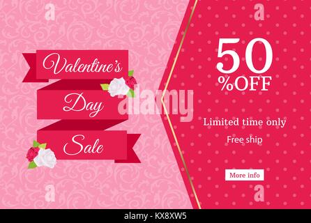Valentines Tag Verkauf web Banner Design vorlage. Rosa Flachbandkabel auf floral background. Polka Dot Pattern mit 50 Prozent Rabatt Angebot Stock Vektor