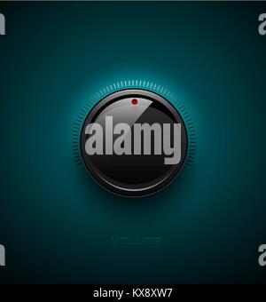Schwarz glänzend-Taste für die Lautstärkeregelung mit Spiegeln und Schatten. Vector Illustration. Symbol Sound, Musik Drehknopf mit Skala auf Türkis Kunststoff Stock Vektor