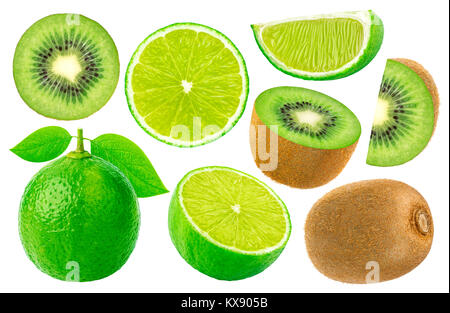 Zitrone und Kiwi auf weißem Hintergrund. Sammlung Stockfoto