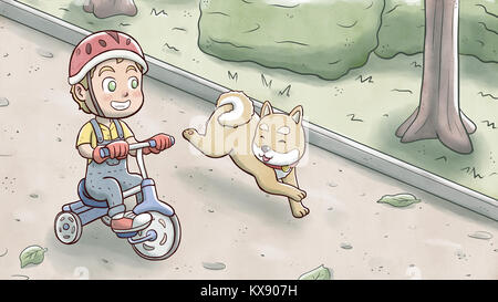 Junge Reiter ein Dreirad Fahrrad und durch shiba Hund in einem Park gefolgt Stockfoto