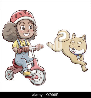 Mädchen reiten ein Dreirad Fahrrad und Hund gefolgt von Shiba - Weißer Hintergrund Stockfoto