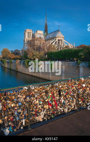 Paris Seine, Blick von der Pont de l'Archeveche der Kathedrale Notre Dame bei Sonnenaufgang, Paris, Frankreich. Stockfoto